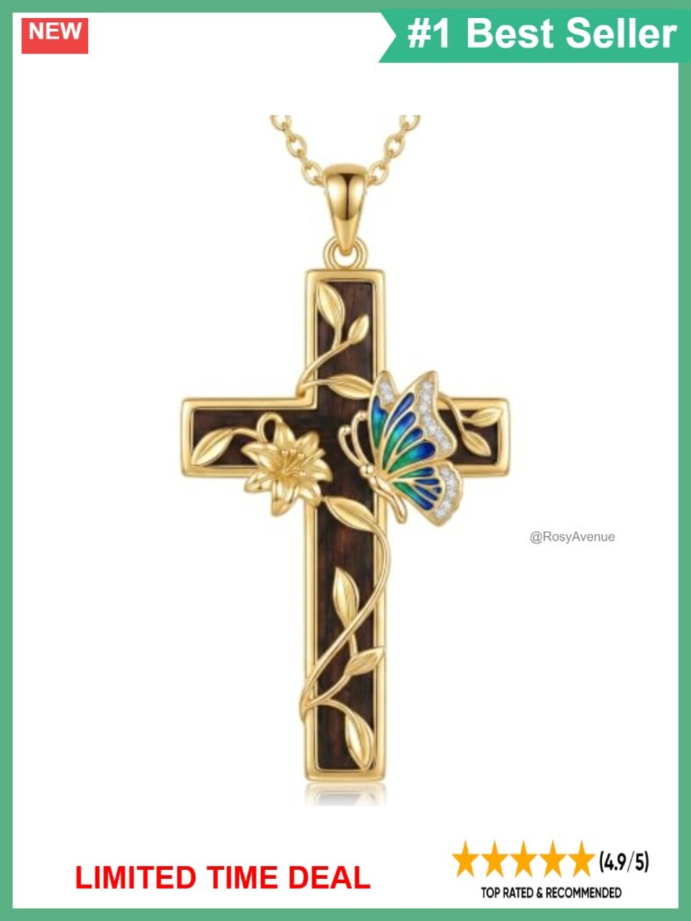 14K Gold Plated Ebony Wood Cross Necklace with Butterfly Enamel and CZ Accent